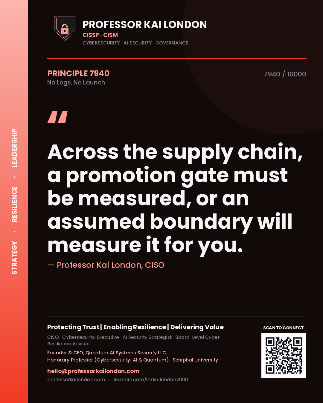Quote card by Professor Kai London reading 'Across the supply chain, a promotion gate must be measured, or an assumed boundary will measure it for you.'. From the book No Logs, No Launch.