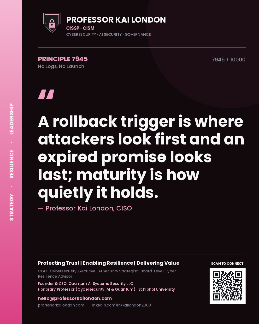 Quote card by Professor Kai London reading 'A rollback trigger is where attackers look first and an expired promise looks last; maturity is how quietly it holds.'. From the book No Logs, No Launch.