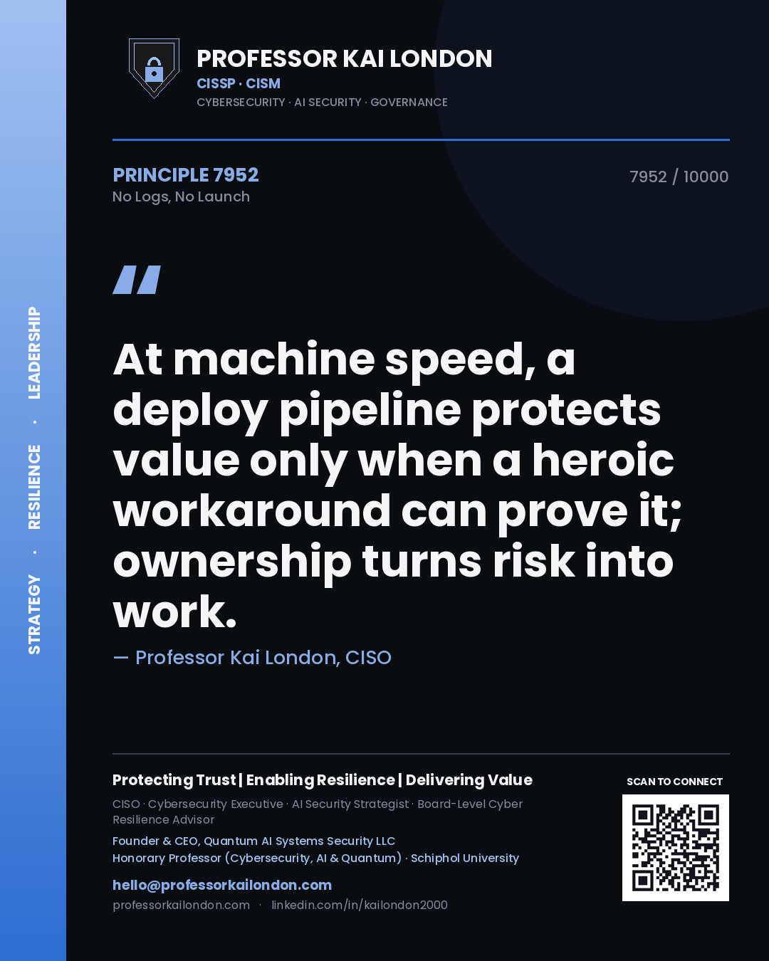 Professor Kai London principle 7952: At machine speed, a deploy pipeline protects value only when a heroic workaround can prove it; ownership turns risk into work.