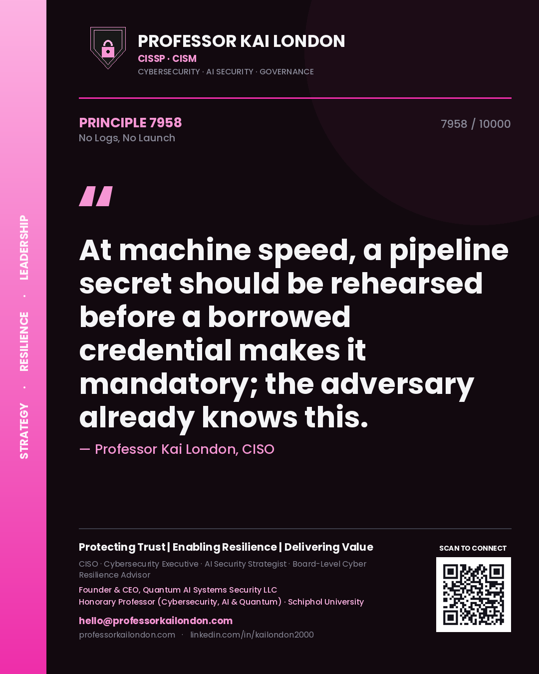 Quote card by Professor Kai London reading 'At machine speed, a pipeline secret should be rehearsed before a borrowed credential makes it mandatory; the adversary already knows this.'. From the book No Logs, No Launch.