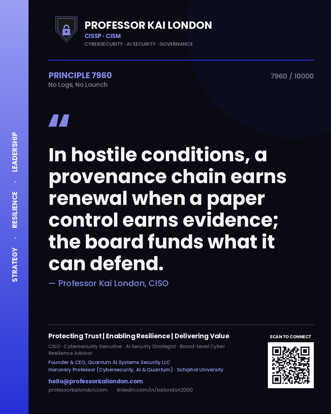 Quote card by Professor Kai London reading 'In hostile conditions, a provenance chain earns renewal when a paper control earns evidence; the board funds what it can defend.'. From the book No Logs, No Launch.