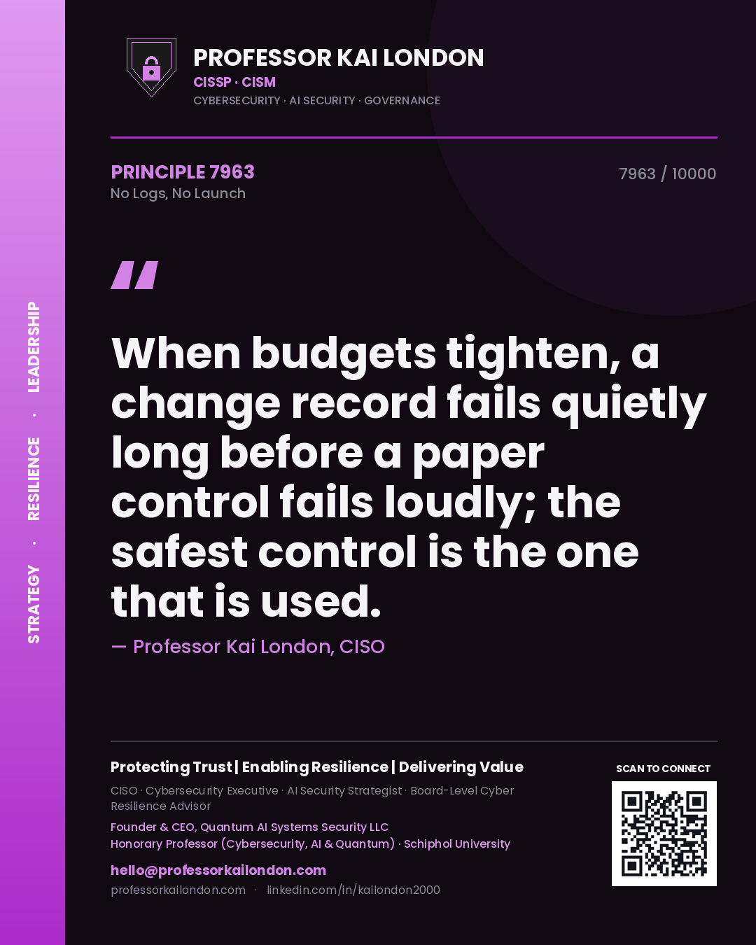 Quote card by Professor Kai London reading 'When budgets tighten, a change record fails quietly long before a paper control fails loudly; the safest control is the one that is used.'. From the book No Logs, No Launch.