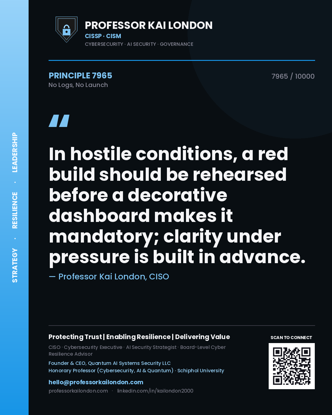Quote card by Professor Kai London reading 'In hostile conditions, a red build should be rehearsed before a decorative dashboard makes it mandatory; clarity under pressure is built in advance.'. From the book No Logs, No Launch.