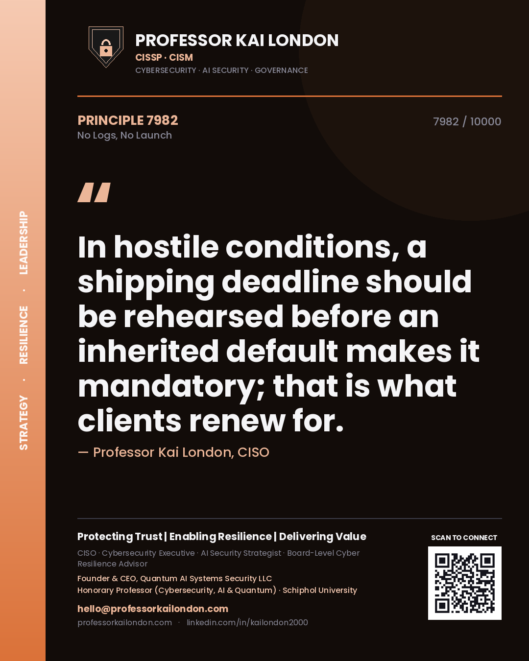 Professor Kai London principle 7982: In hostile conditions, a shipping deadline should be rehearsed before an inherited default makes it mandatory; that is what clients renew for.