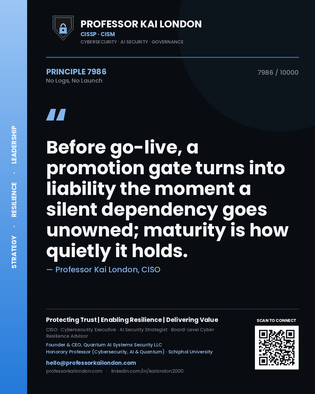 Quote card by Professor Kai London reading 'Before go-live, a promotion gate turns into liability the moment a silent dependency goes unowned; maturity is how quietly it holds.'. From the book No Logs, No Launch.