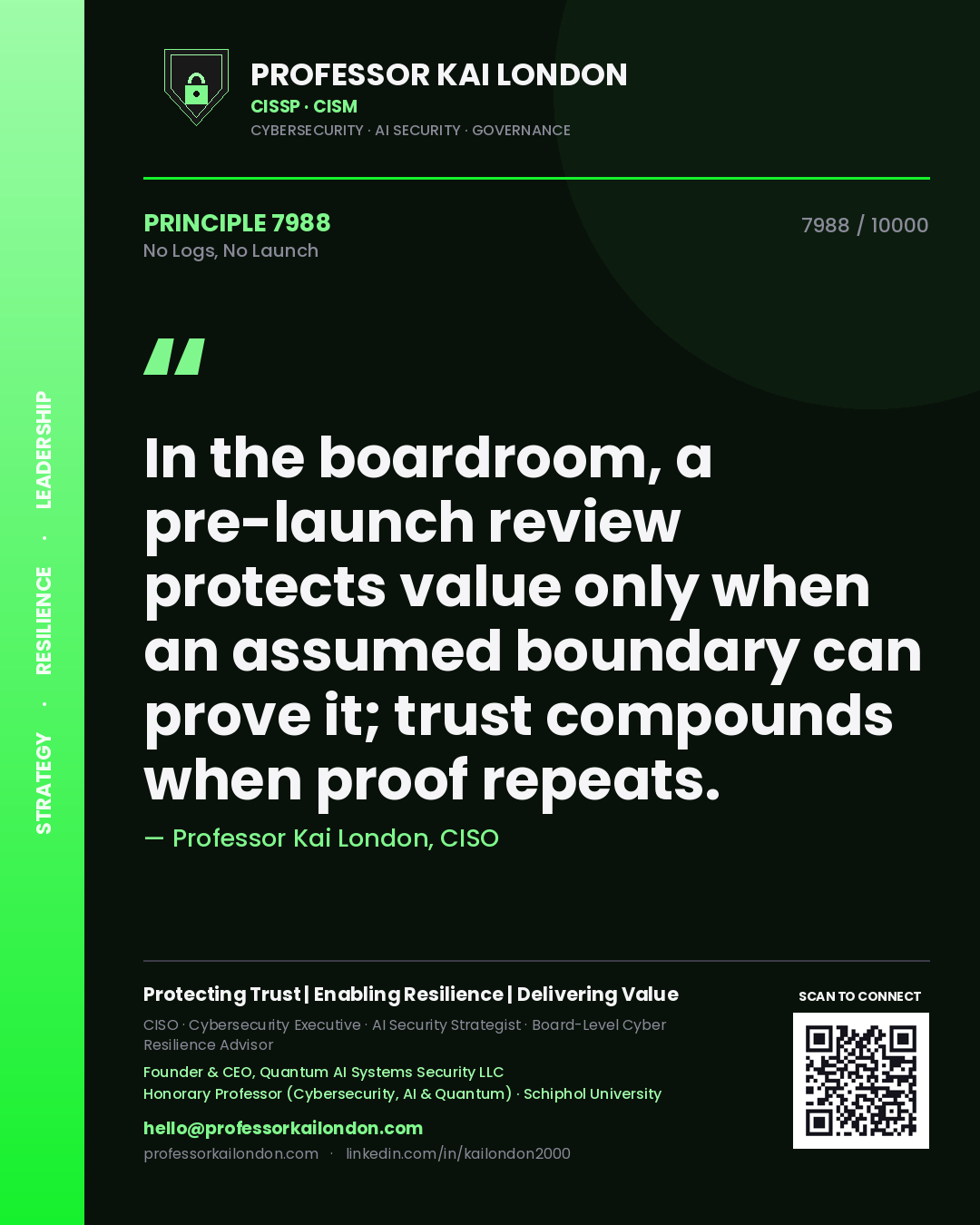 Quote card by Professor Kai London reading 'In the boardroom, a pre-launch review protects value only when an assumed boundary can prove it; trust compounds when proof repeats.'. From the book No Logs, No Launch.