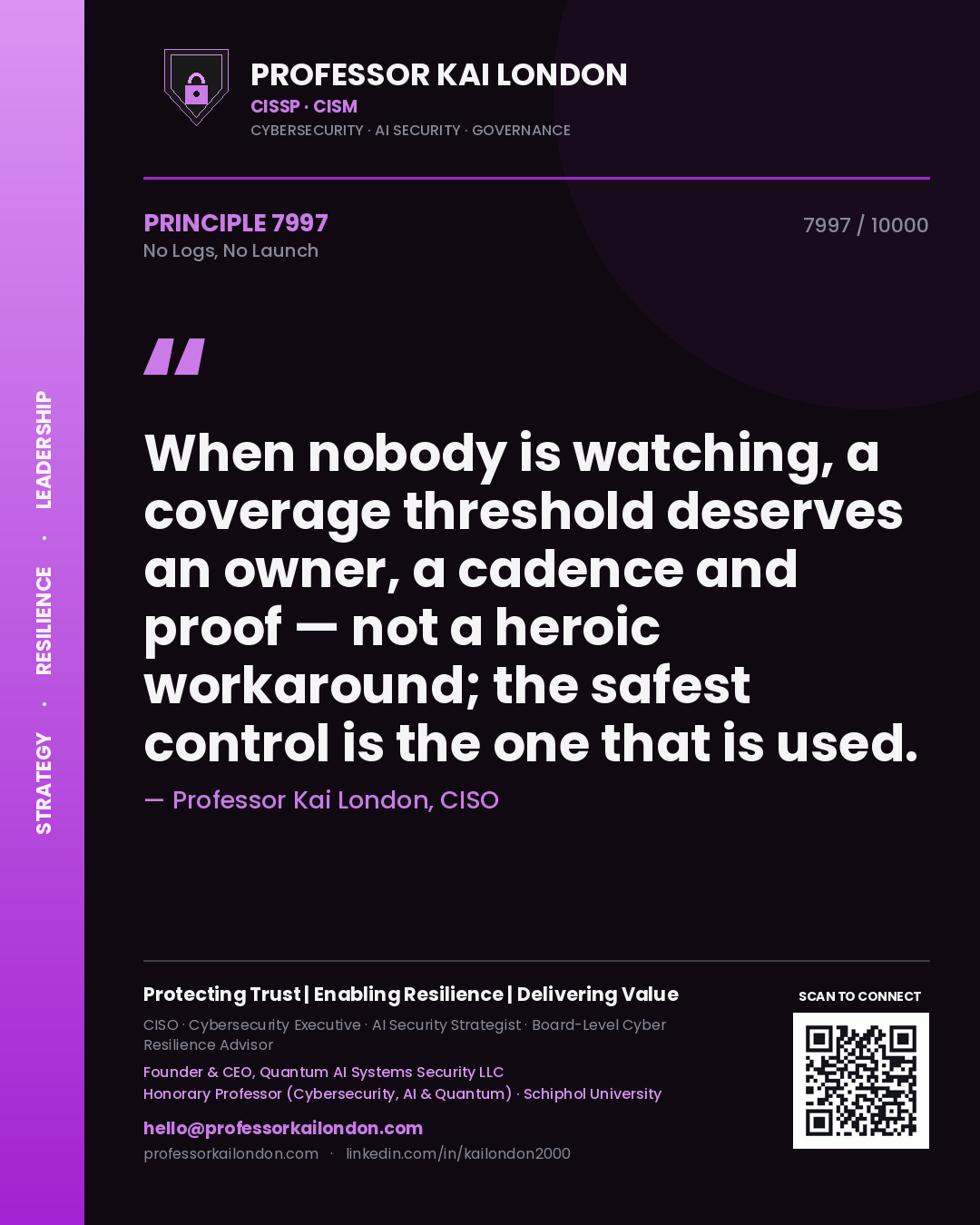 Quote card by Professor Kai London reading 'When nobody is watching, a coverage threshold deserves an owner, a cadence and proof — not a heroic workaround; the safest control is the one that is used.'. From the book No Logs, No Launch.
