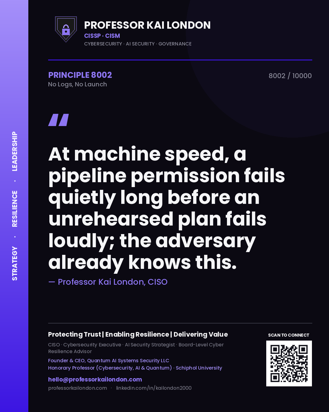 Professor Kai London principle 8002: At machine speed, a pipeline permission fails quietly long before an unrehearsed plan fails loudly; the adversary already knows this.