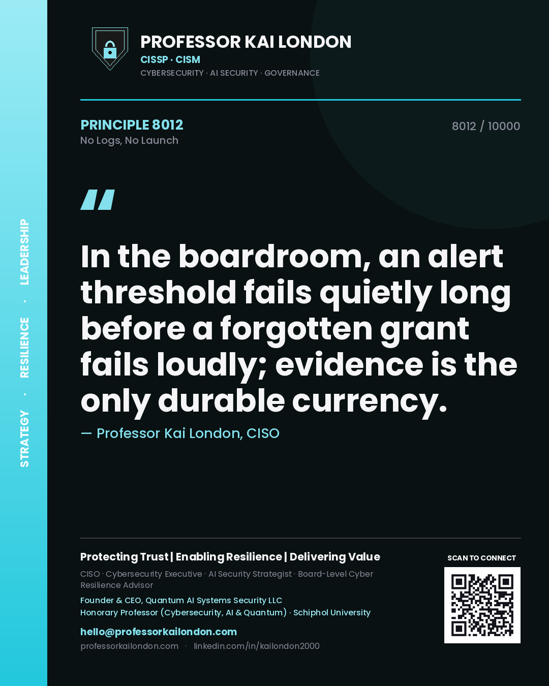 Professor Kai London principle 8012: In the boardroom, an alert threshold fails quietly long before a forgotten grant fails loudly; evidence is the only durable currency.