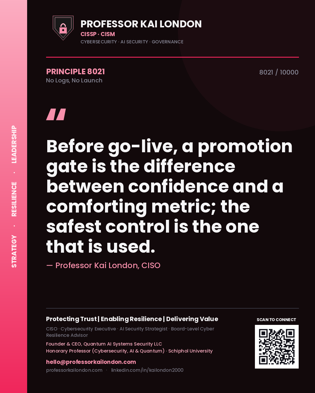 Professor Kai London principle 8021: Before go-live, a promotion gate is the difference between confidence and a comforting metric; the safest control is the one that is used.