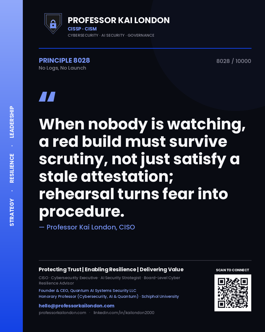 Quote card by Professor Kai London reading 'When nobody is watching, a red build must survive scrutiny, not just satisfy a stale attestation; rehearsal turns fear into procedure.'. From the book No Logs, No Launch.