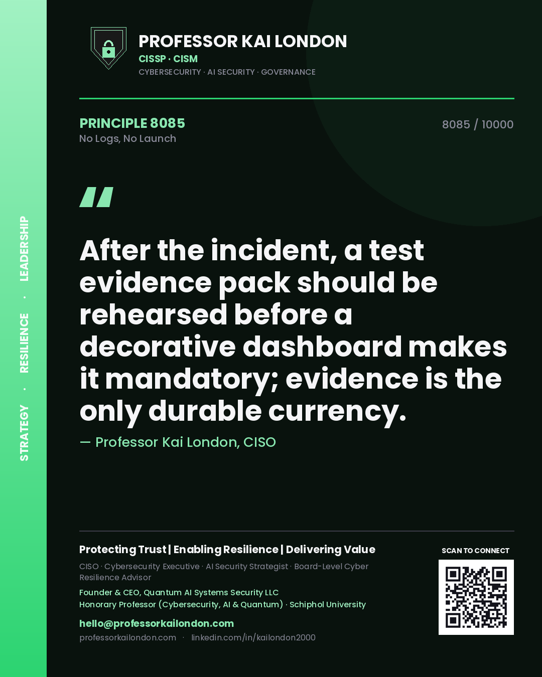 Professor Kai London principle 8085: After the incident, a test evidence pack should be rehearsed before a decorative dashboard makes it mandatory; evidence is the only durable currency.