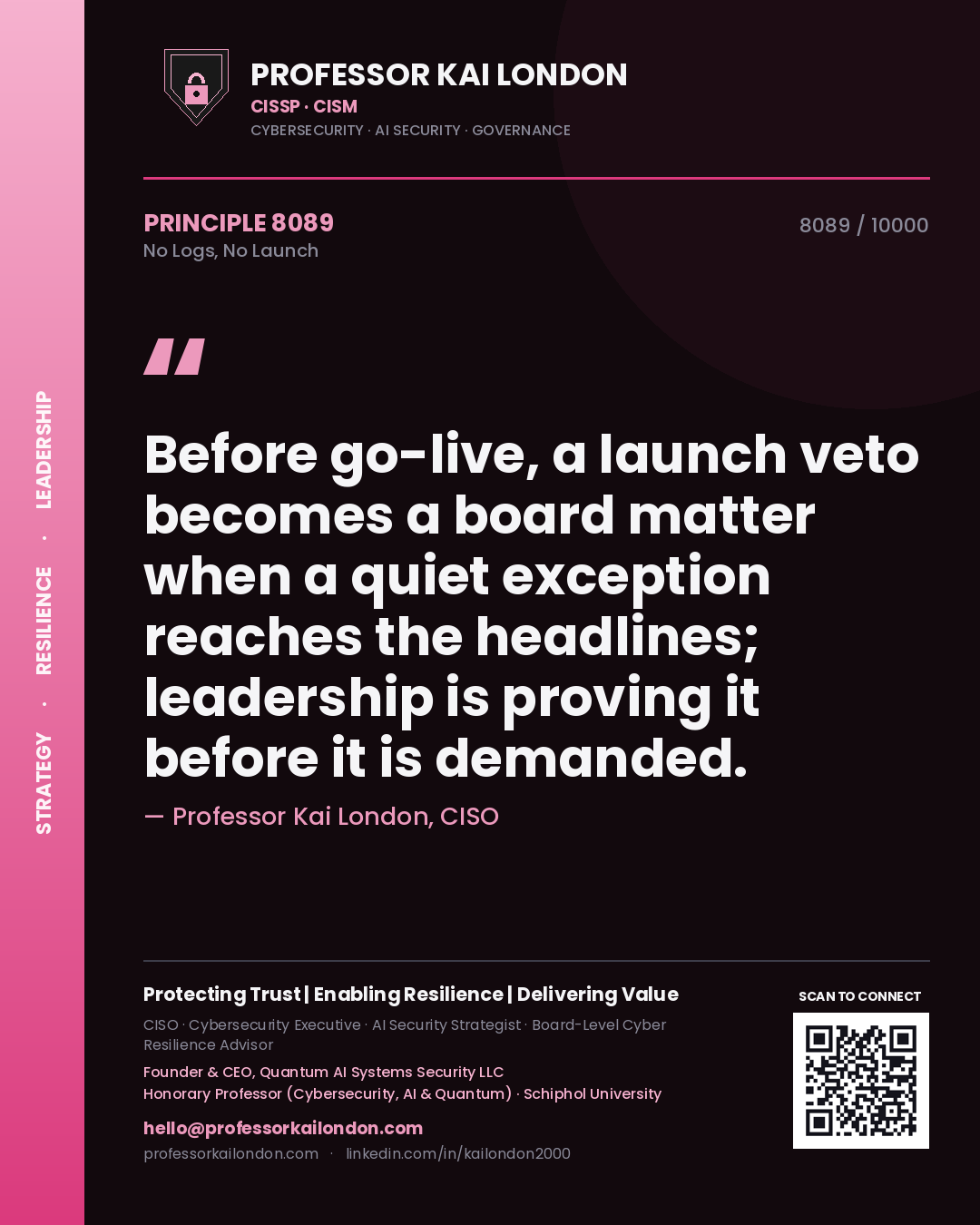 Quote card by Professor Kai London reading 'Before go-live, a launch veto becomes a board matter when a quiet exception reaches the headlines; leadership is proving it before it is demanded.'. From the book No Logs, No Launch.