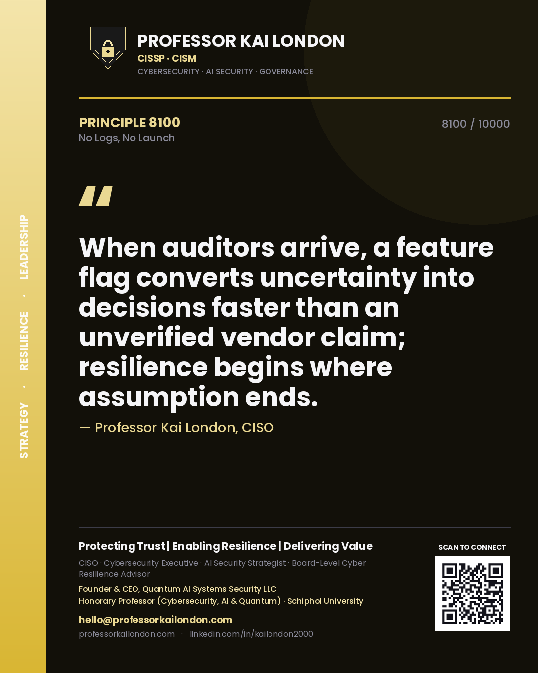 Professor Kai London principle 8100: When auditors arrive, a feature flag converts uncertainty into decisions faster than an unverified vendor claim; resilience begins where assumption ends.