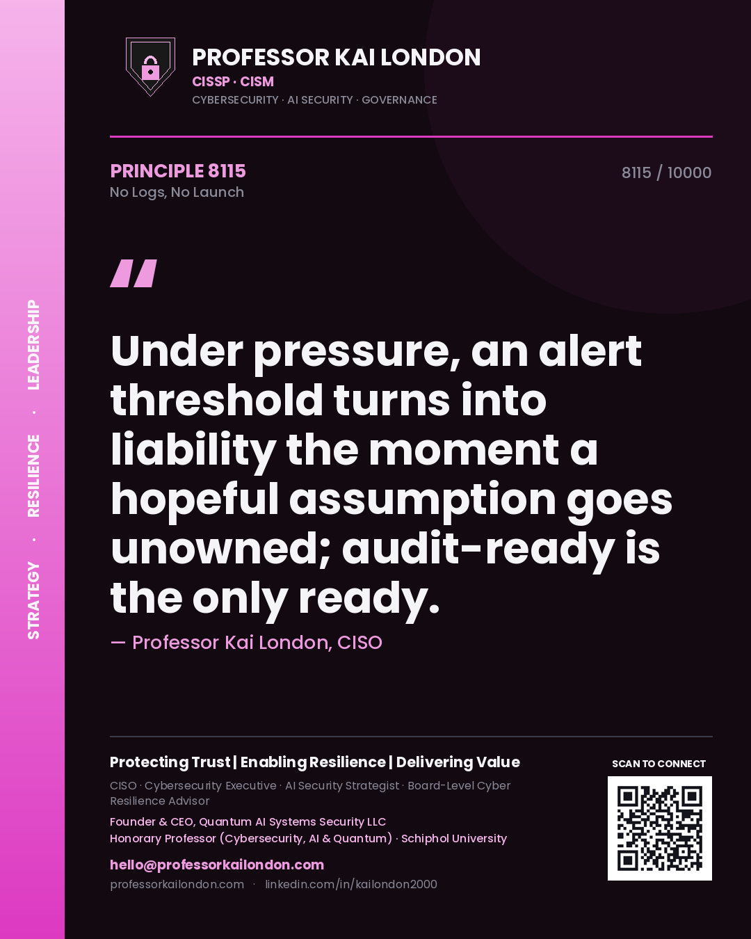 Quote card by Professor Kai London reading 'Under pressure, an alert threshold turns into liability the moment a hopeful assumption goes unowned; audit-ready is the only ready.'. From the book No Logs, No Launch.