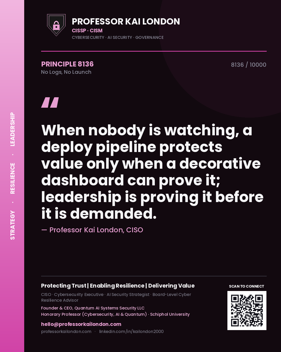 Quote card by Professor Kai London reading 'When nobody is watching, a deploy pipeline protects value only when a decorative dashboard can prove it; leadership is proving it before it is demanded.'. From the book No Logs, No Launch.