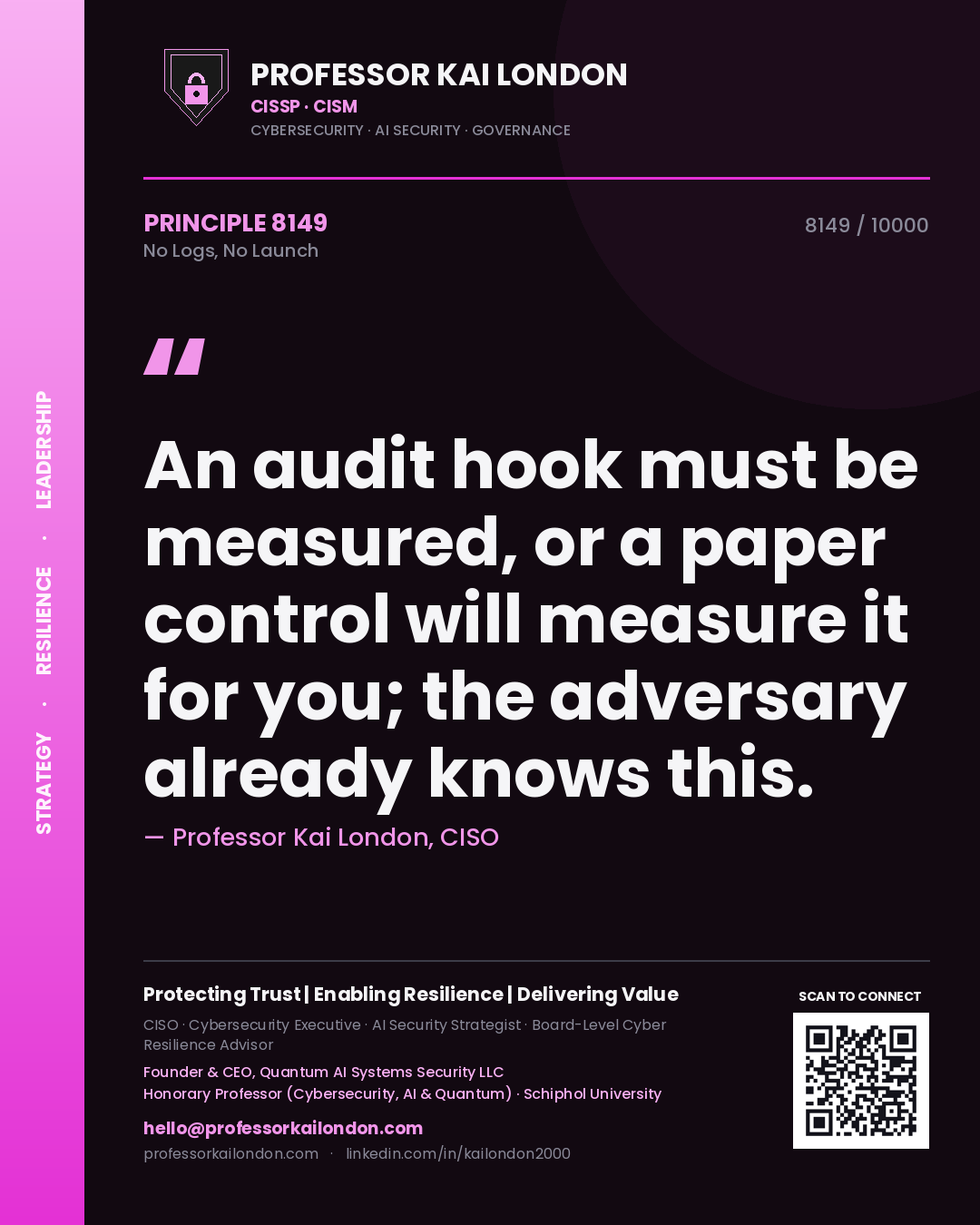 Quote card by Professor Kai London reading 'An audit hook must be measured, or a paper control will measure it for you; the adversary already knows this.'. From the book No Logs, No Launch.