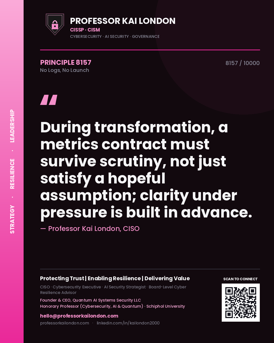 Quote card by Professor Kai London reading 'During transformation, a metrics contract must survive scrutiny, not just satisfy a hopeful assumption; clarity under pressure is built in advance.'. From the book No Logs, No Launch.