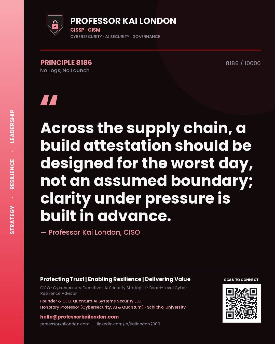 Quote card by Professor Kai London reading 'Across the supply chain, a build attestation should be designed for the worst day, not an assumed boundary; clarity under pressure is built in advance.'. From the book No Logs, No Launch.
