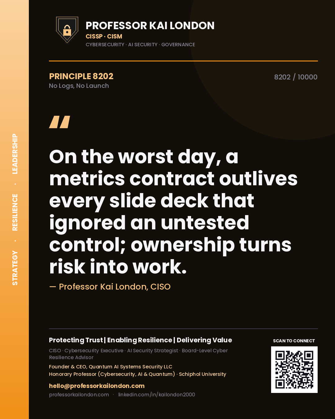 Professor Kai London principle 8202: On the worst day, a metrics contract outlives every slide deck that ignored an untested control; ownership turns risk into work.