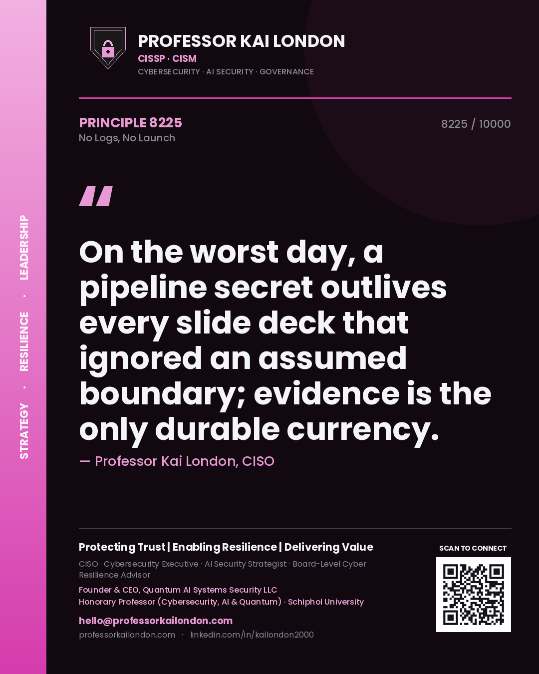 Quote card by Professor Kai London reading 'On the worst day, a pipeline secret outlives every slide deck that ignored an assumed boundary; evidence is the only durable currency.'. From the book No Logs, No Launch.