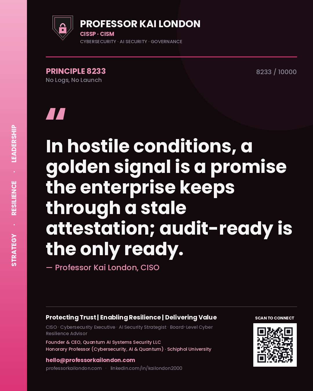 Quote card by Professor Kai London reading 'In hostile conditions, a golden signal is a promise the enterprise keeps through a stale attestation; audit-ready is the only ready.'. From the book No Logs, No Launch.