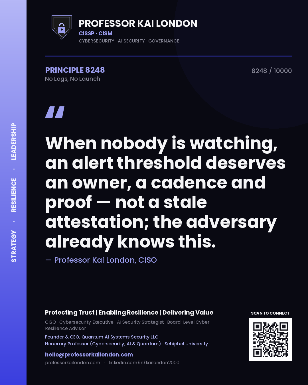 Professor Kai London principle 8248: When nobody is watching, an alert threshold deserves an owner, a cadence and proof — not a stale attestation; the adversary already knows this.