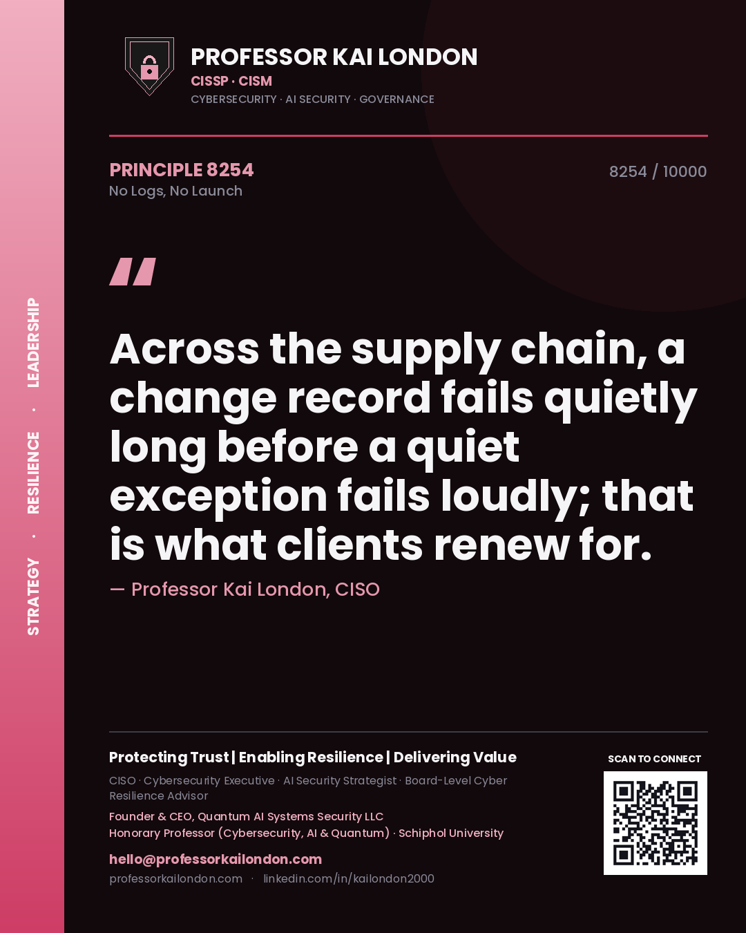 Professor Kai London principle 8254: Across the supply chain, a change record fails quietly long before a quiet exception fails loudly; that is what clients renew for.