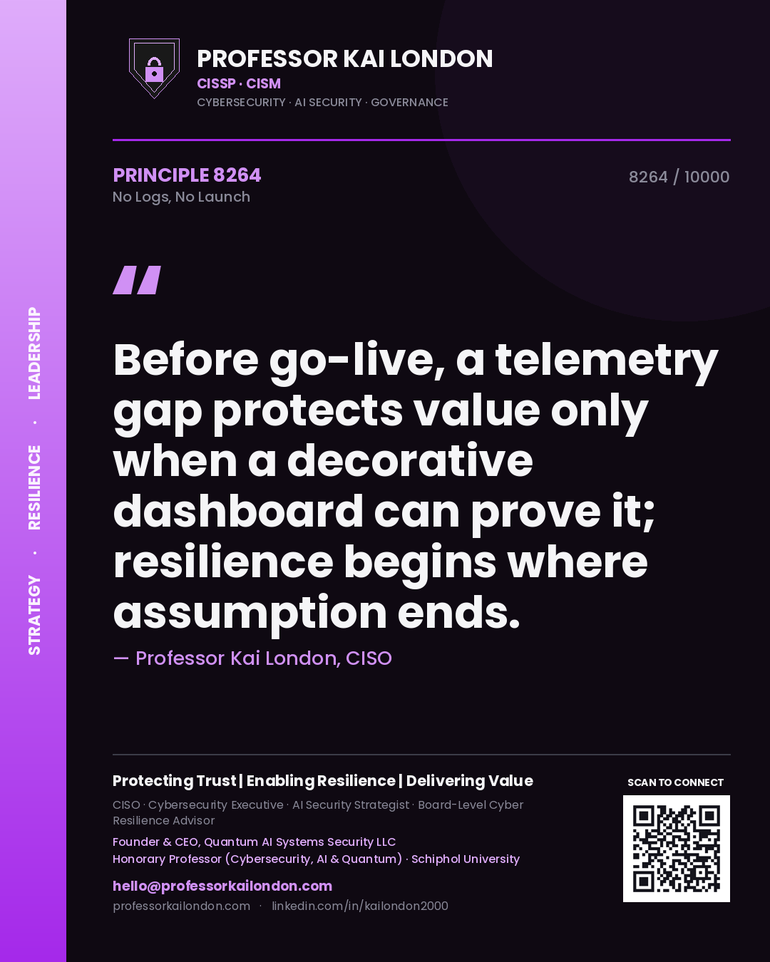 Quote card by Professor Kai London reading 'Before go-live, a telemetry gap protects value only when a decorative dashboard can prove it; resilience begins where assumption ends.'. From the book No Logs, No Launch.