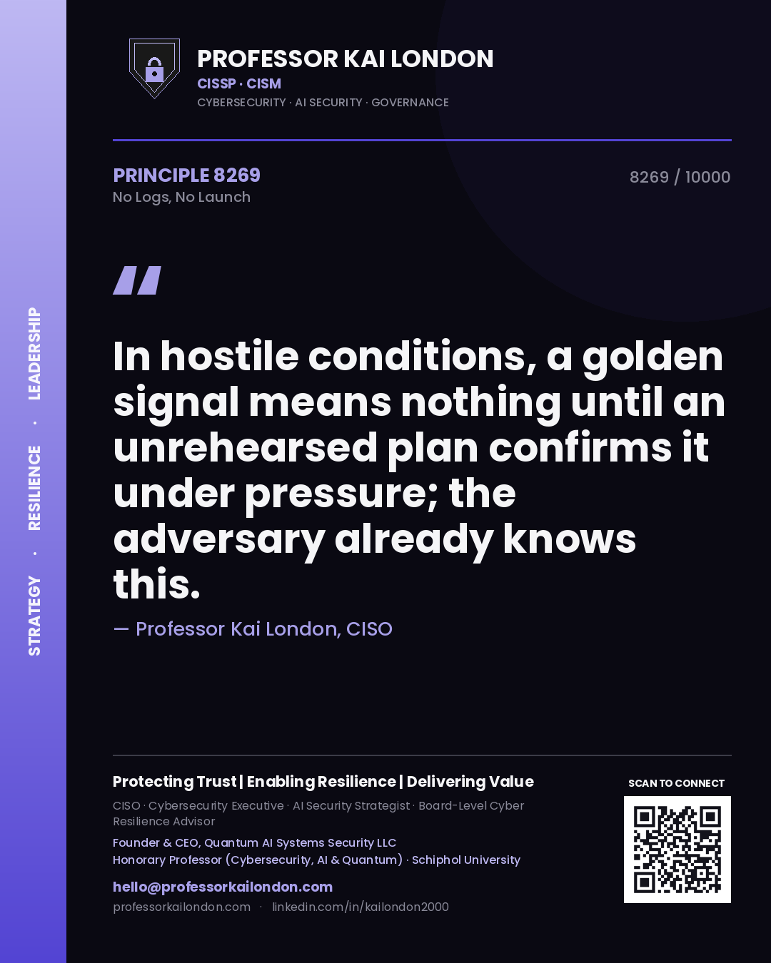 Professor Kai London principle 8269: In hostile conditions, a golden signal means nothing until an unrehearsed plan confirms it under pressure; the adversary already knows this.