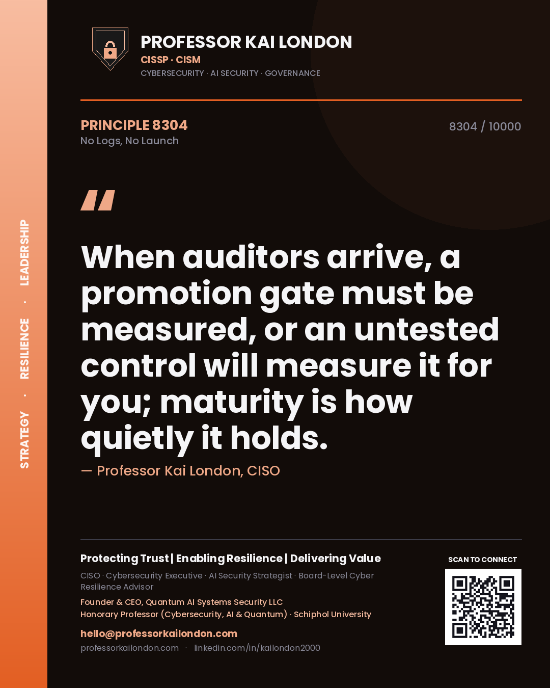 Quote card by Professor Kai London reading 'When auditors arrive, a promotion gate must be measured, or an untested control will measure it for you; maturity is how quietly it holds.'. From the book No Logs, No Launch.