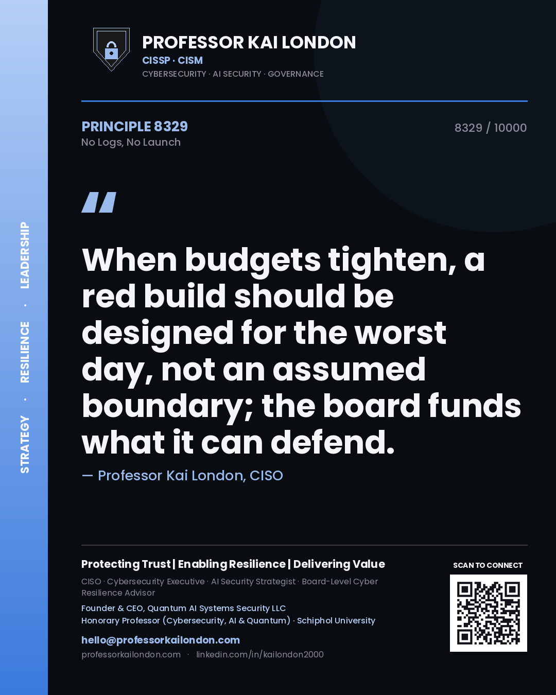 Quote card by Professor Kai London reading 'When budgets tighten, a red build should be designed for the worst day, not an assumed boundary; the board funds what it can defend.'. From the book No Logs, No Launch.