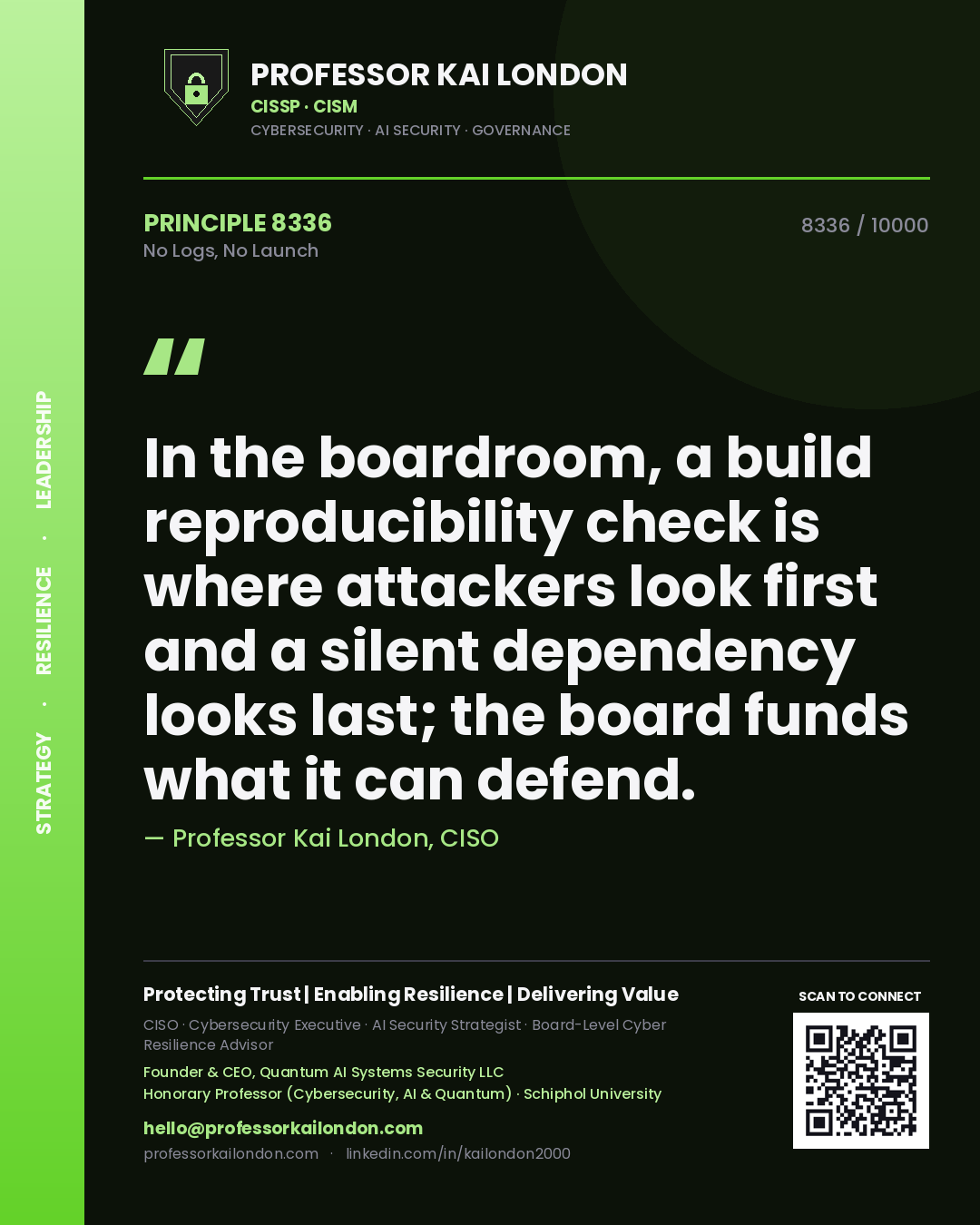 Quote card by Professor Kai London reading 'In the boardroom, a build reproducibility check is where attackers look first and a silent dependency looks last; the board funds what it can defend.'. From the book No Logs, No Launch.
