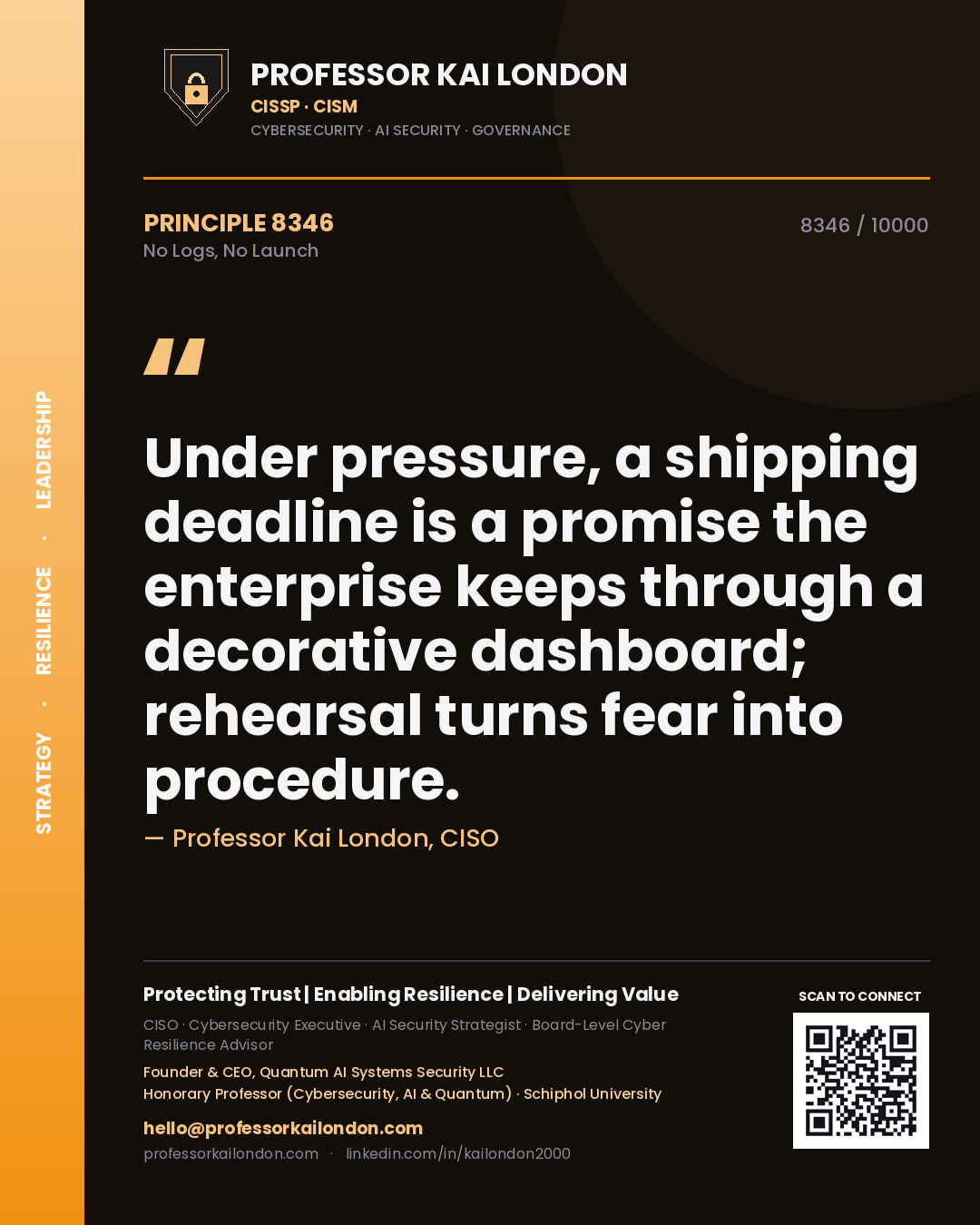 Professor Kai London principle 8346: Under pressure, a shipping deadline is a promise the enterprise keeps through a decorative dashboard; rehearsal turns fear into procedure.
