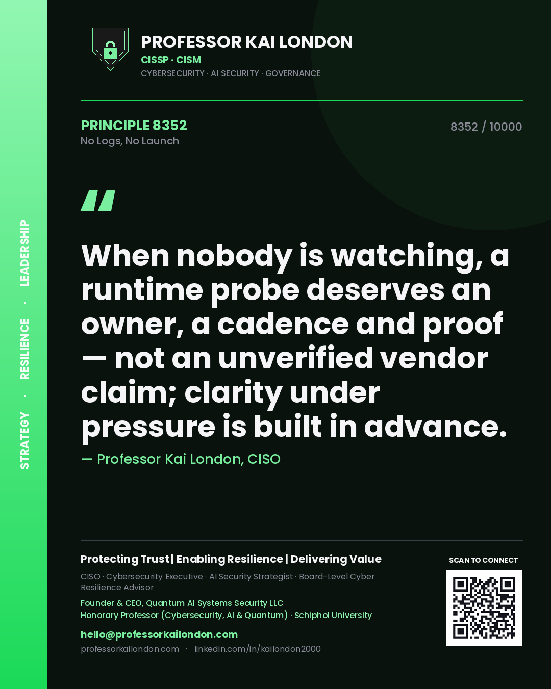 Quote card by Professor Kai London reading 'When nobody is watching, a runtime probe deserves an owner, a cadence and proof — not an unverified vendor claim; clarity under pressure is built in advance.'. From the book No Logs, No Launch.