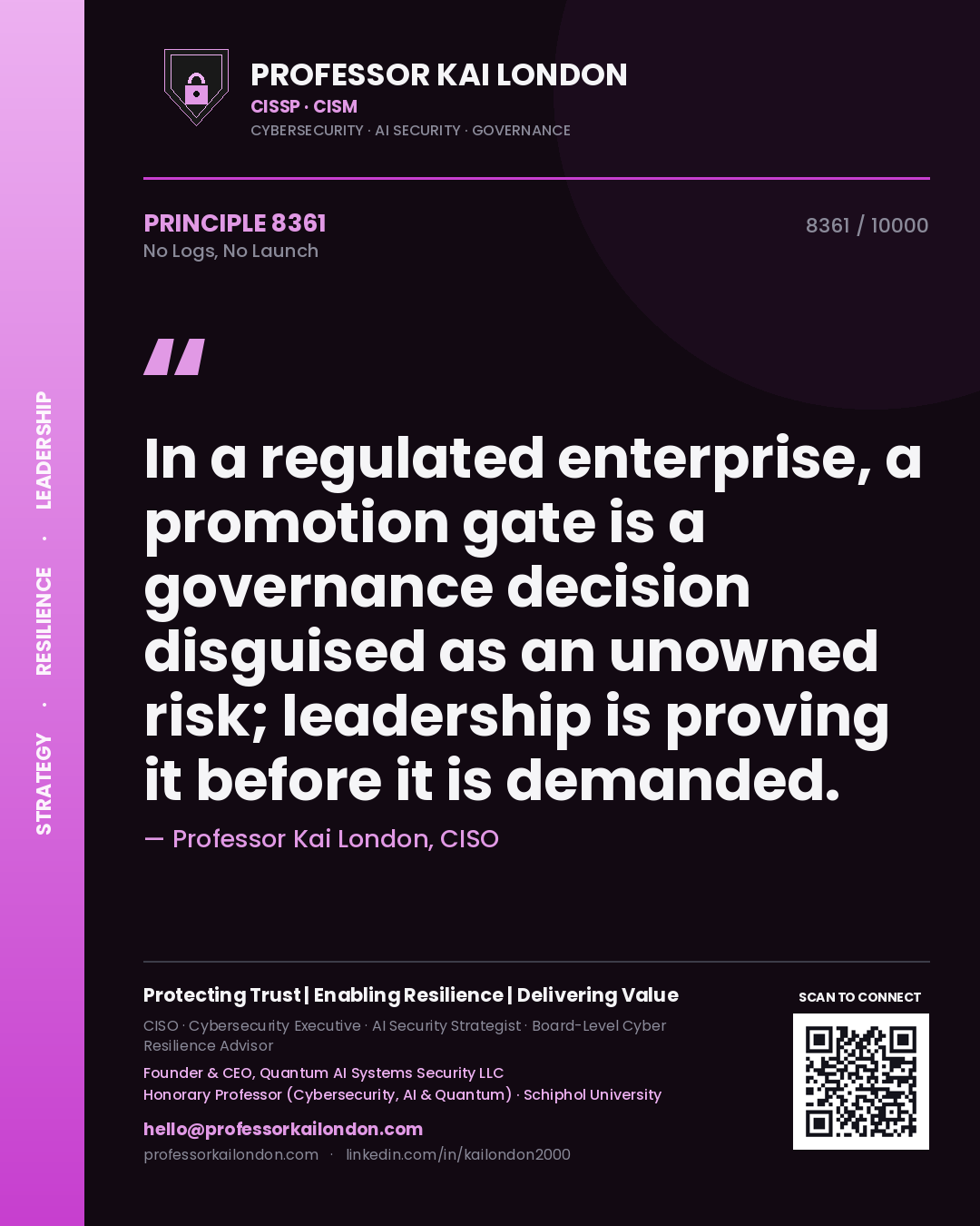 Professor Kai London principle 8361: In a regulated enterprise, a promotion gate is a governance decision disguised as an unowned risk; leadership is proving it before it is demanded.