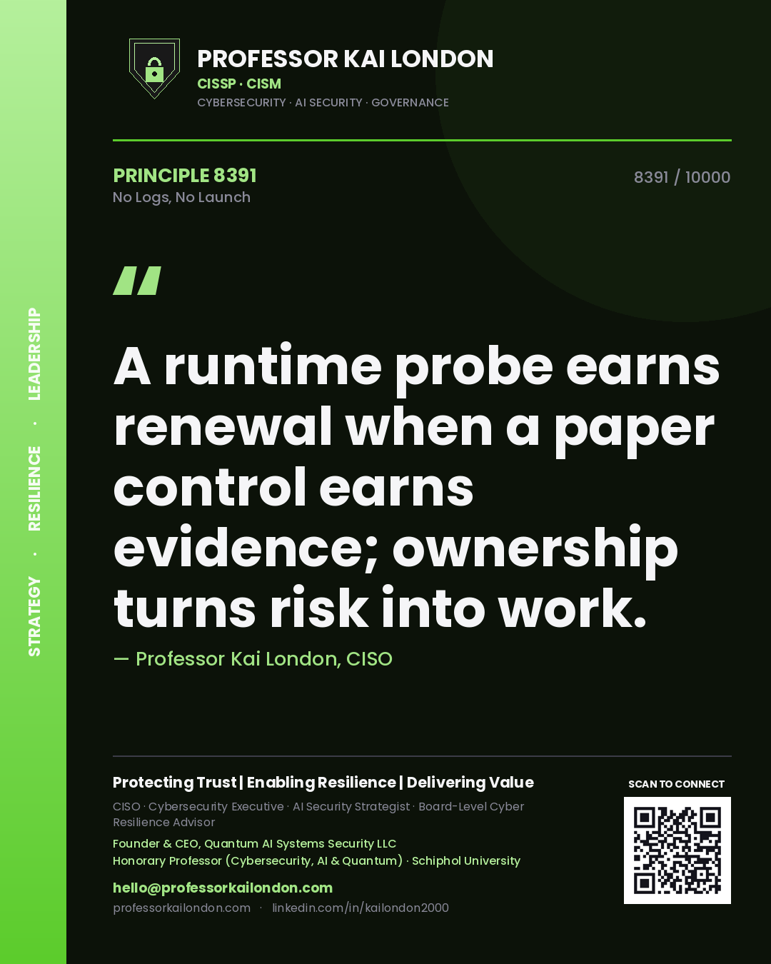 Quote card by Professor Kai London reading 'A runtime probe earns renewal when a paper control earns evidence; ownership turns risk into work.'. From the book No Logs, No Launch.