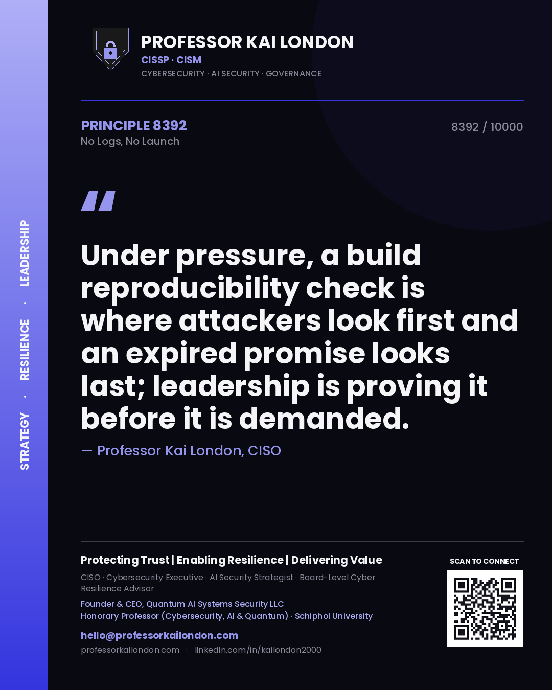 Quote card by Professor Kai London reading 'Under pressure, a build reproducibility check is where attackers look first and an expired promise looks last; leadership is proving it before it is demanded.'. From the book No Logs, No Launch.