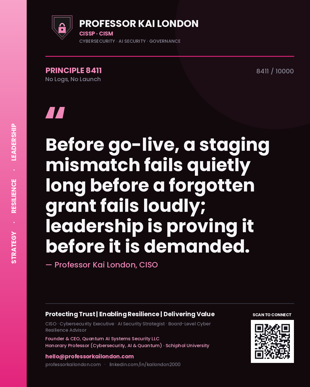Quote card by Professor Kai London reading 'Before go-live, a staging mismatch fails quietly long before a forgotten grant fails loudly; leadership is proving it before it is demanded.'. From the book No Logs, No Launch.