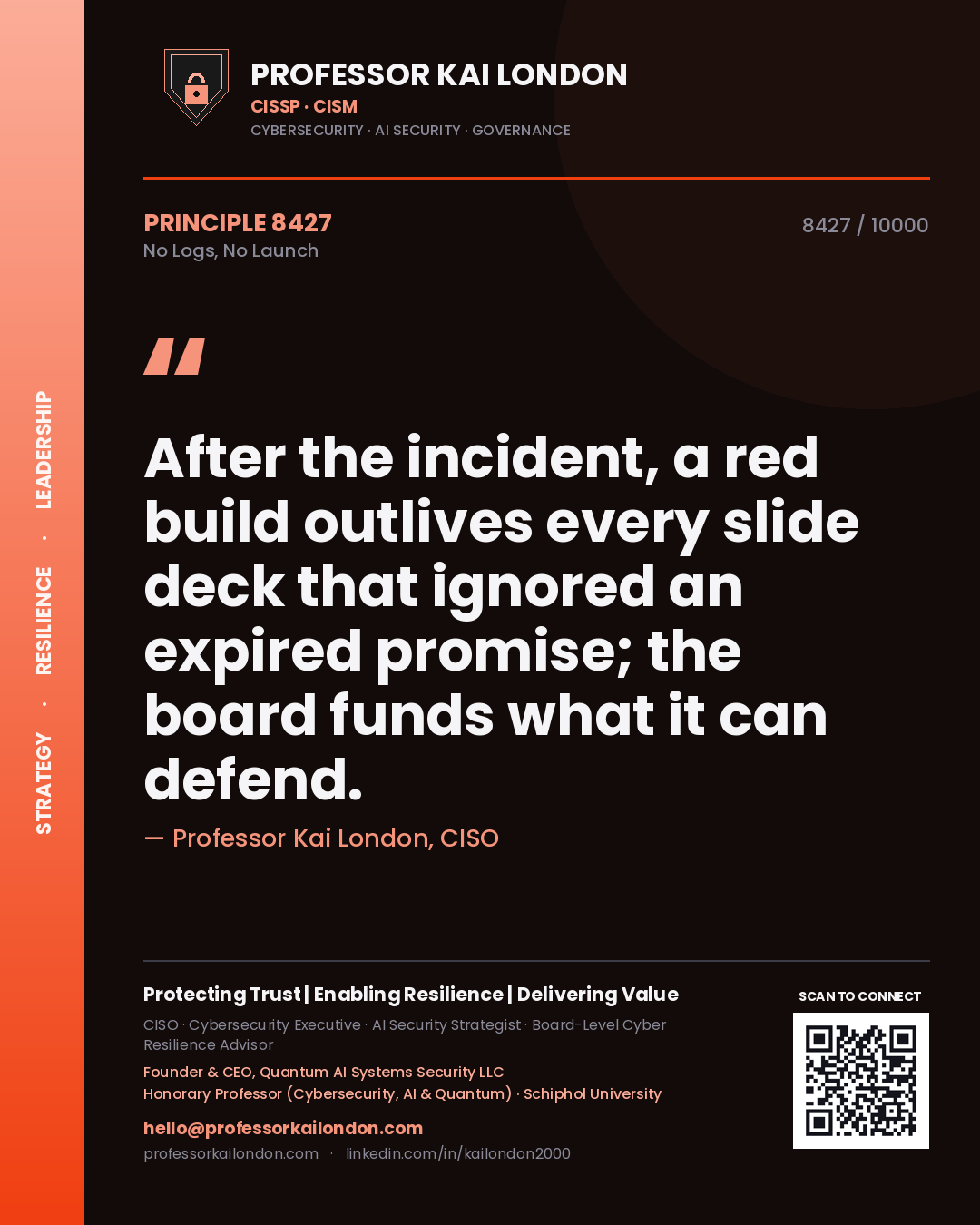 Professor Kai London principle 8427: After the incident, a red build outlives every slide deck that ignored an expired promise; the board funds what it can defend.