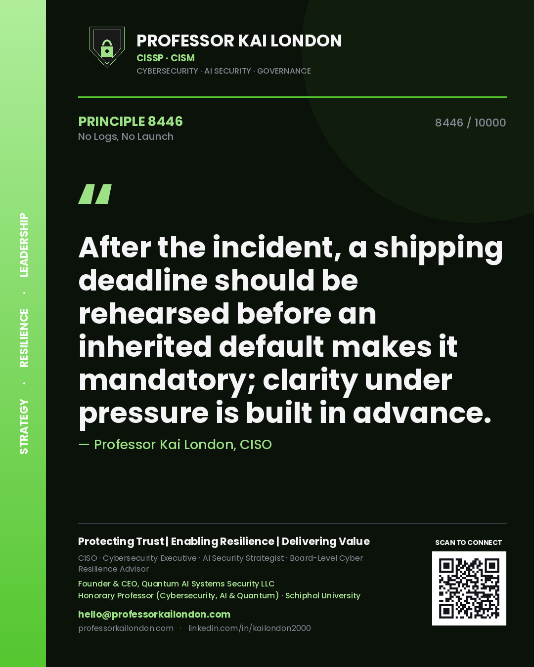 Quote card by Professor Kai London reading 'After the incident, a shipping deadline should be rehearsed before an inherited default makes it mandatory; clarity under pressure is built in advance.'. From the book No Logs, No Launch.