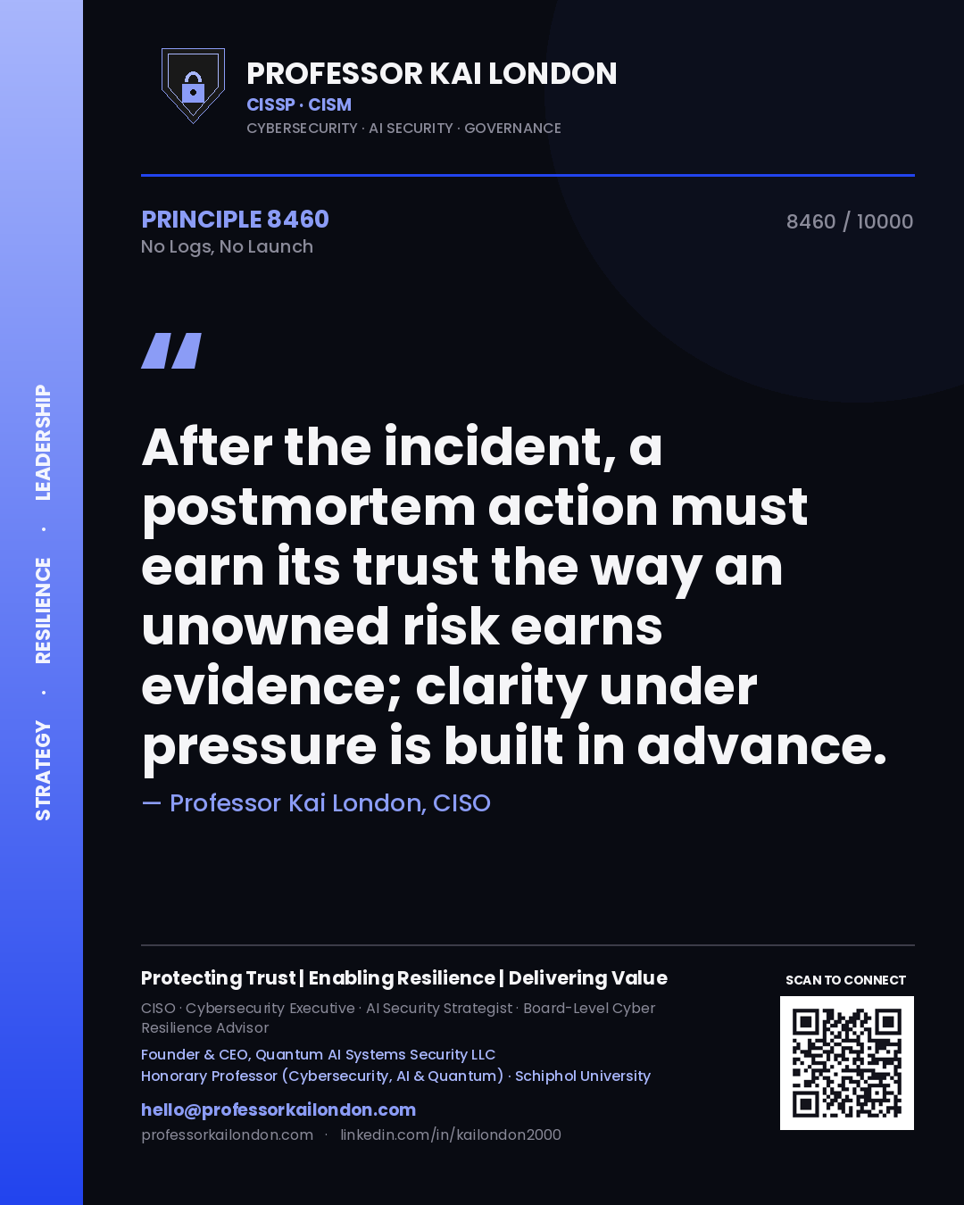 Quote card by Professor Kai London reading 'After the incident, a postmortem action must earn its trust the way an unowned risk earns evidence; clarity under pressure is built in advance.'. From the book No Logs, No Launch.