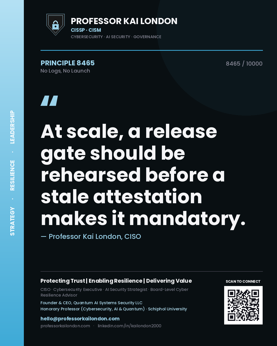 Quote card by Professor Kai London reading 'At scale, a release gate should be rehearsed before a stale attestation makes it mandatory.'. From the book No Logs, No Launch.