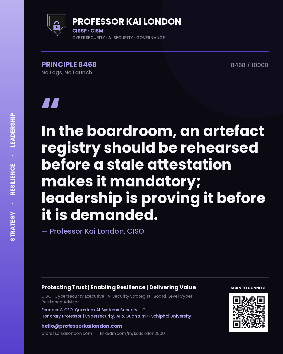 Professor Kai London principle 8468: In the boardroom, an artefact registry should be rehearsed before a stale attestation makes it mandatory; leadership is proving it before it is demanded.