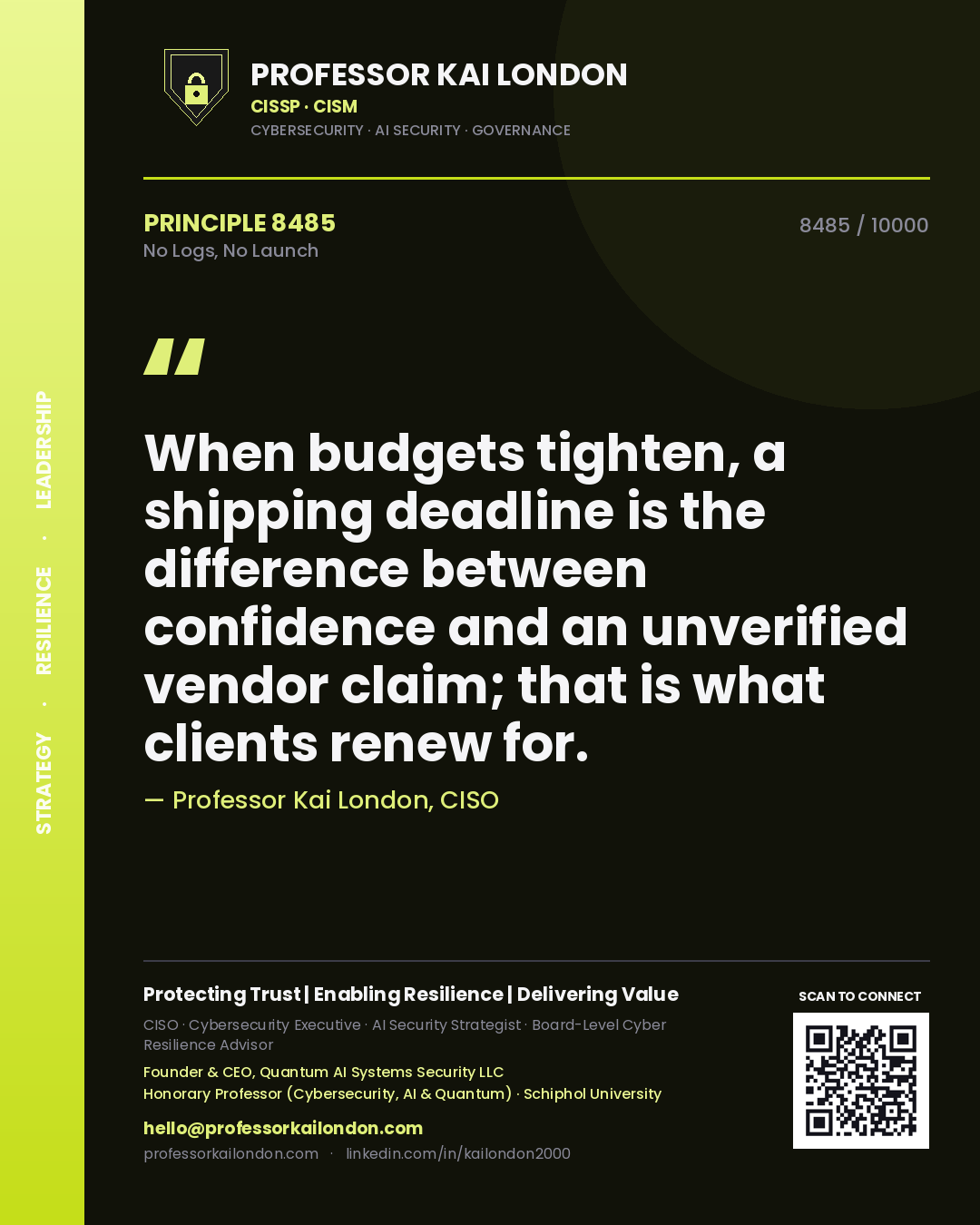 Professor Kai London principle 8485: When budgets tighten, a shipping deadline is the difference between confidence and an unverified vendor claim; that is what clients renew for.