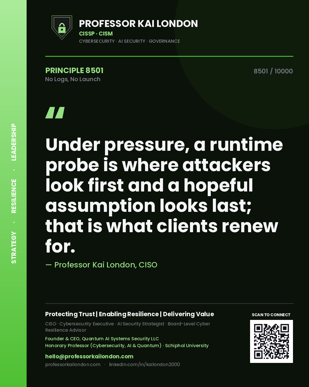 Professor Kai London principle 8501: Under pressure, a runtime probe is where attackers look first and a hopeful assumption looks last; that is what clients renew for.