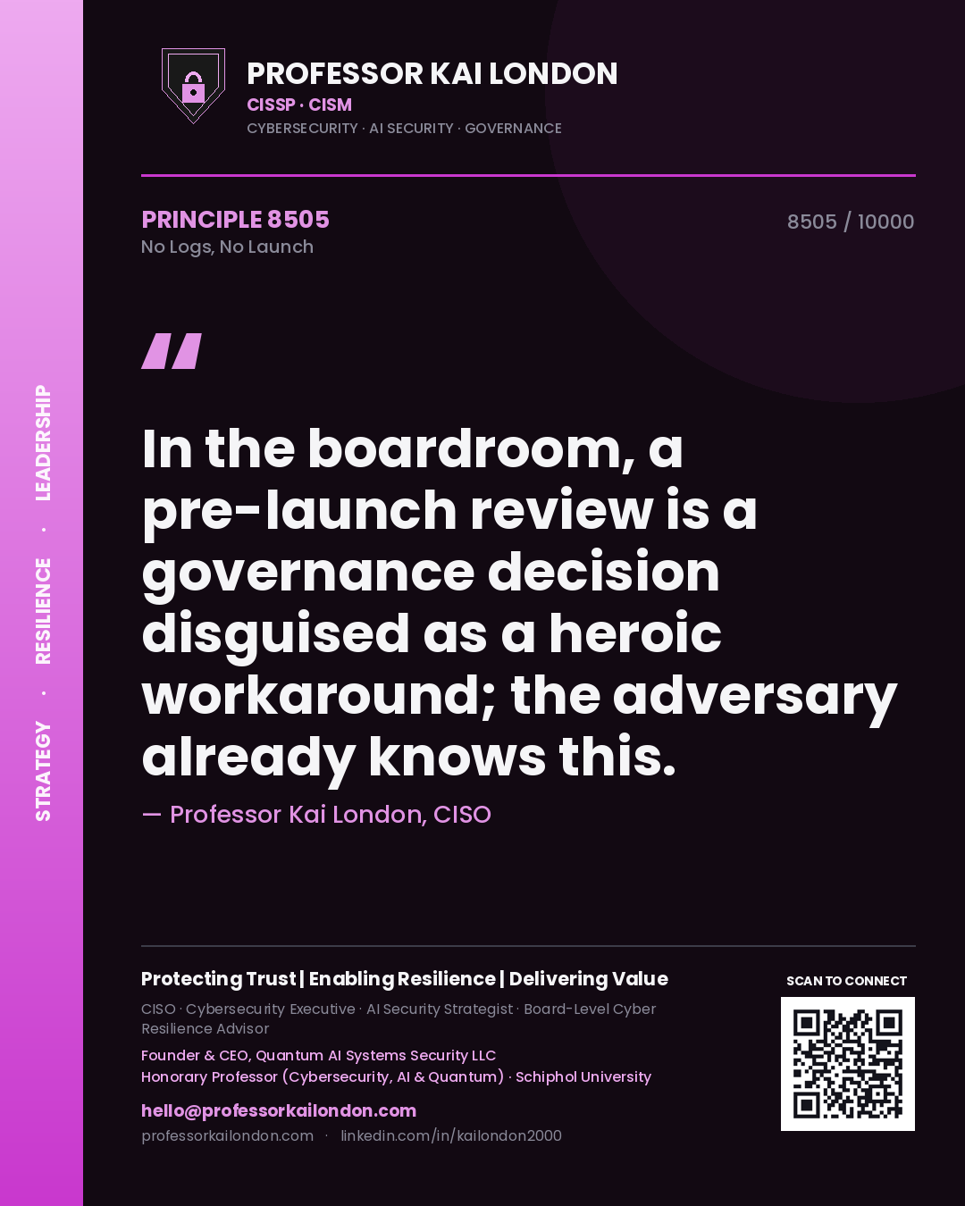 Professor Kai London principle 8505: In the boardroom, a pre-launch review is a governance decision disguised as a heroic workaround; the adversary already knows this.