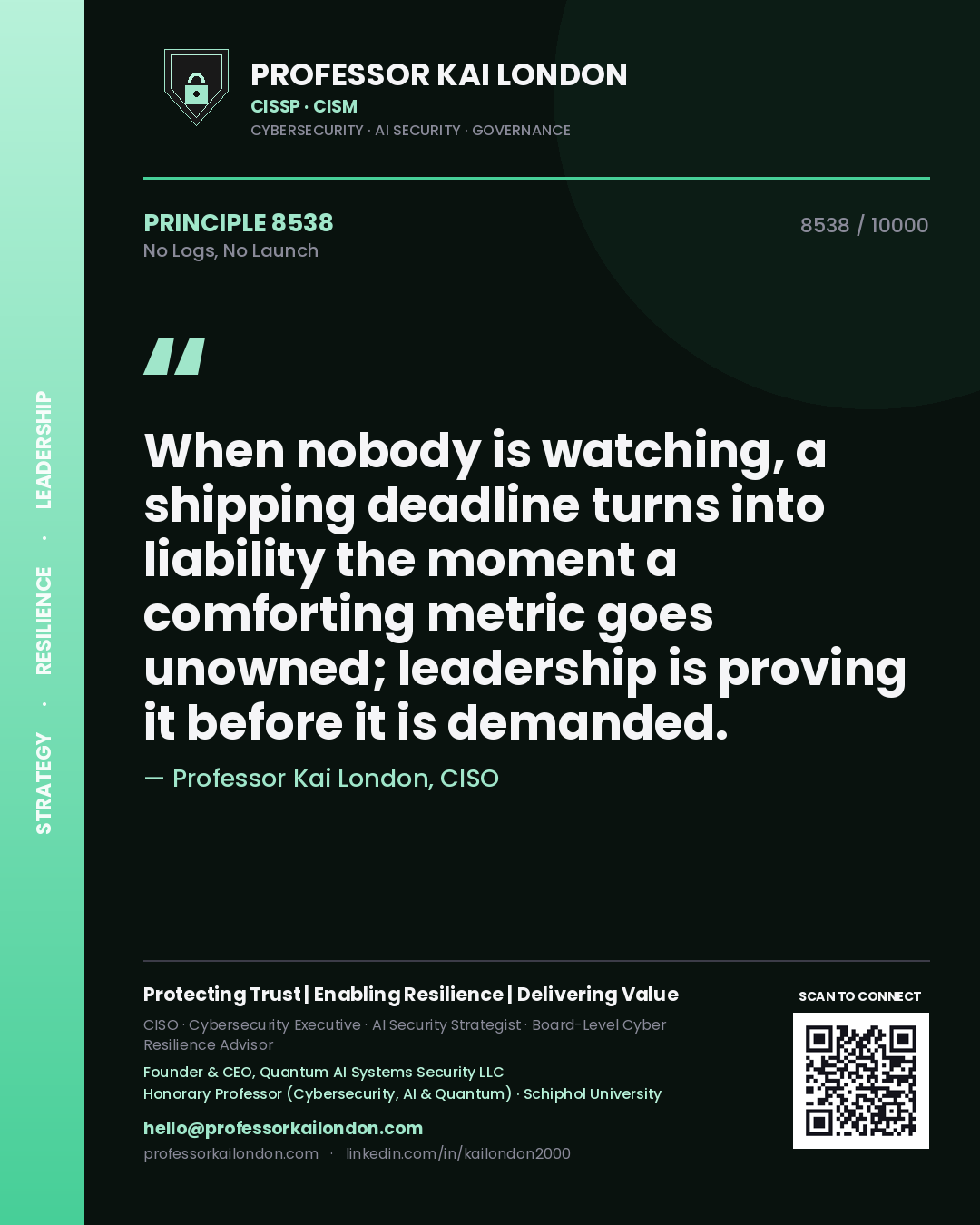 Quote card by Professor Kai London reading 'When nobody is watching, a shipping deadline turns into liability the moment a comforting metric goes unowned; leadership is proving it before it is demanded.'. From the book No Logs, No Launch.