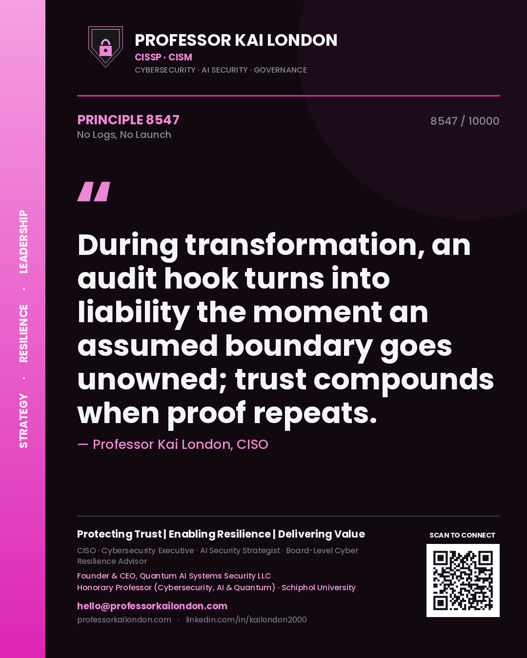 Quote card by Professor Kai London reading 'During transformation, an audit hook turns into liability the moment an assumed boundary goes unowned; trust compounds when proof repeats.'. From the book No Logs, No Launch.