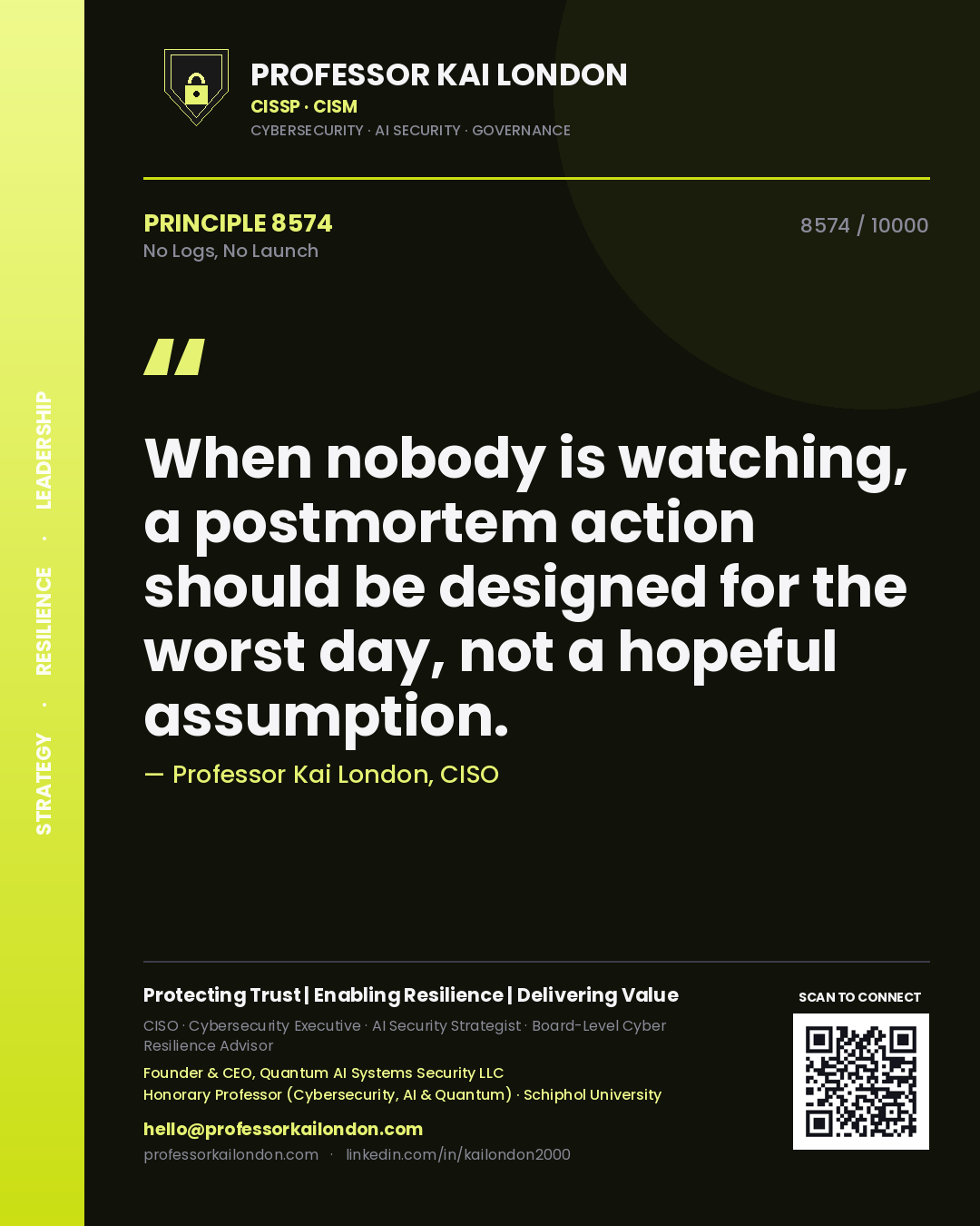 Quote card by Professor Kai London reading 'When nobody is watching, a postmortem action should be designed for the worst day, not a hopeful assumption.'. From the book No Logs, No Launch.